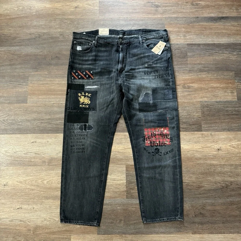Polo Ralph Lauren Jeans Mens 44Bx30‎ Black Varick Slim Straight Patchwork Grunge